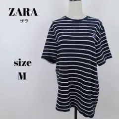 【a2458】ZARA ザラ 美品 パイル地 ボーダー 半袖 刺繍 Tシャツ Mのサムネイル