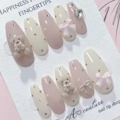 現品ネイルチップ୨୧おすわりくまちゃん×リボン୨୧量産型ワンホン韓国♡ハート
