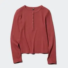 UNIQLO リブヘンリーネック長袖トップス 赤 XL