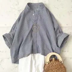美品✨マカフィー バンドカラークロップドシャツ コットン ストライプ 