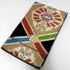 値下げ★ 正絹　袋帯　黒地　花菱模様　着物　六通柄　リメイク　稽古用　O-42