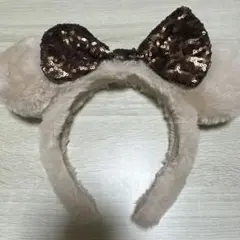 ベージュ耳付きカチューシャ リボン付き ファー ミッキー