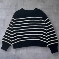 GU コットンブレンドワッフルボーダーセーター(長袖)　NAVY　M