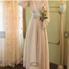 新品未使用！ベージュ シフォン パーティードレス Vネック