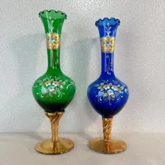 ヴェネチアングラス 花瓶セット 一輪挿し 緑 青フラワーベース アンティーク調