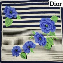 ★Christian Dior★ スカーフ 花 ボーダー シルク ネイビー.