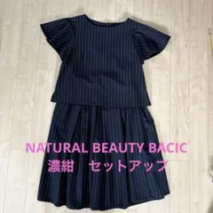 NATURAL BEAUTY BACIC濃紺 ストライプ フレア袖 セットアップ