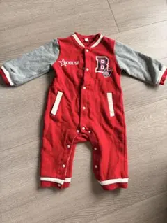 【美品】レッド/グレー ボタン付きロンパース 80cm