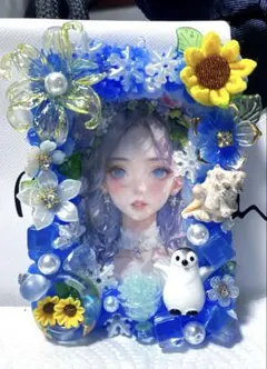 トレカデコ青水色ホイップデコ硬質ケースデコ　浮き輪向日葵ペンギン貝殻花推し活