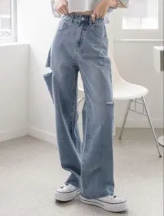 ダメージデニム ワイドパンツ ライトブルー