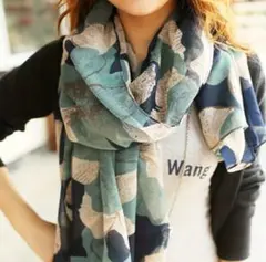 大判スカーフ ショール ボタニカル柄 ブルー系 春夏秋冬　ストール　花柄