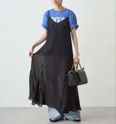 loungedress☆サテンティアードキャミワンピース☆ネイビー☆Lサイズ
