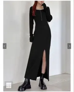 スクエアネックスリットリブニットロングワンピース k9273d