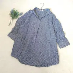 七分袖シャツ　リネン混　ギンガムチェック　ブルーホワイト　F