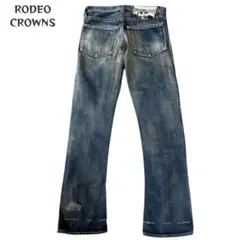 【444】ロデオクラウンズ デニムパンツ W25 セルビッチ風 バス柄 日本製のサムネイル
