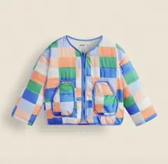 カラフルなチェック柄ポケット付き長袖キルティングカジュアルコート