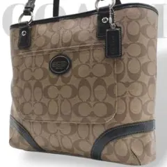 良品　コーチ　トートバッグ　シグネチャー　レザー　PVC　肩掛け　ブラウン　茶