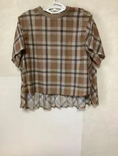 【美品】チェック柄プリーツTシャツ 半袖 ブラウン系　フリーサイズ