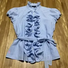 Ralph Lauren 水色 ギンガムチェック 半袖ブラウス 16 美品