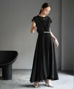 ベルト付きカシュクール風 レース切替フレア 結婚式パーティードレス