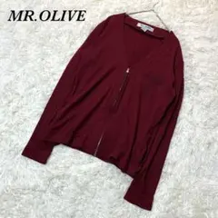 ミスターオリーブ ジップアップカーディガン M ワインレッド系 刺繍デザイン