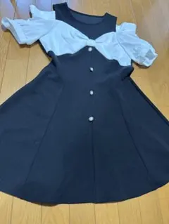 黒と白の半袖フレアドレス Lサイズ