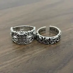 クロス リング 植物彫刻 2点セット メンズ 指輪 シルバー調 ストリート