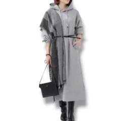 【美品】アンタイトル　グランデダンボール　綺麗目フーディワンピース　グレー　M