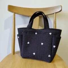 ヌビバッグ　ブラック　刺繍　両サイドポケット　ドリンクホルダー付　ハンドメイド