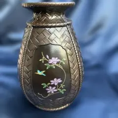 (421右棚1左箱)花瓶 花器 編み込み模様 花鳥