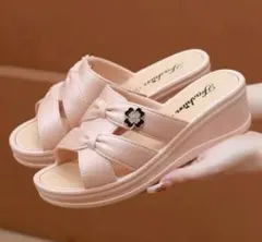 レディース 厚底 サンダル ミュール ウェッジソール リボン 花 オフホワイト