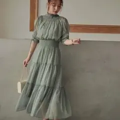 ハイネックティアードワンピースドレス M
