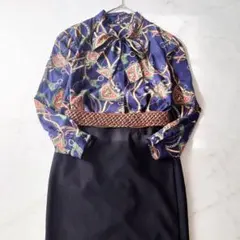 b ヴィンテージ ブラウス スカーフ柄 バロック ボウタイ リボン 昭和レトロ