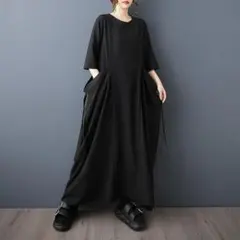 新品 大きいサイズ ゆったり 秋冬ロングワンピース 黒 無地 七分袖長袖g
