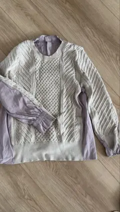 アイボリーケーブルニットラベンダーシャツ