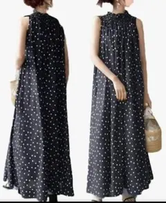 夏服セール中✨ドット柄 ノースリーブ ロングワンピース ブラック