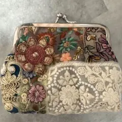 インド刺繍リボン　パッチワーク風　がま口ポーチ