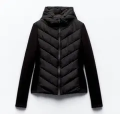 新品 未使用品 ZARA コントラストパフジャケット 切替 ストレッチ ブラック