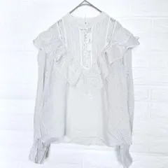 新品タグ付✨w closet ドット柄フリルブラウス レース切替 大人可愛い F