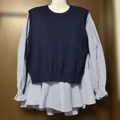 ネイビー ニット重ね着風ストライプシャツ