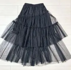 3段フリルブラックチュールフレアロングスカート ラメ入り透け感✨