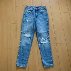 H&M★エイチアンドエム 36 パール ダメージ クラッシュ ジーンズ デニム