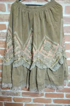 ビンテージ　ベロア　レース　花刺繍 ロングスカート　M〜L相当