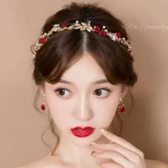 ヘッドドレス赤い薔薇髪飾りヘアアクセサリー＆イヤリングウェディング結婚式b