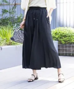 GLOBAL WORK サラサラサテンフレアワイドパンツ ダークネイビー L