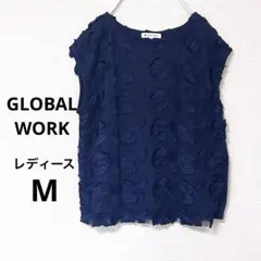 グローバルワーク ノースリーブ カットソー M レディース 花柄刺繍 ネイビー