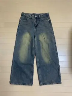 【古着】ワイドストレートデニム ダークブルー ウォッシュド加工