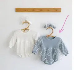 ベビー チュール ロンパース ヘアバンド付き セット グレーグリーン 80