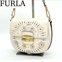 【美品】FURLA クラブミニ フラワーモチーフ ショルダーバッグ 斜めがけ