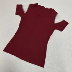 ボルドー 半袖 ニット スカラップネック シースルー
